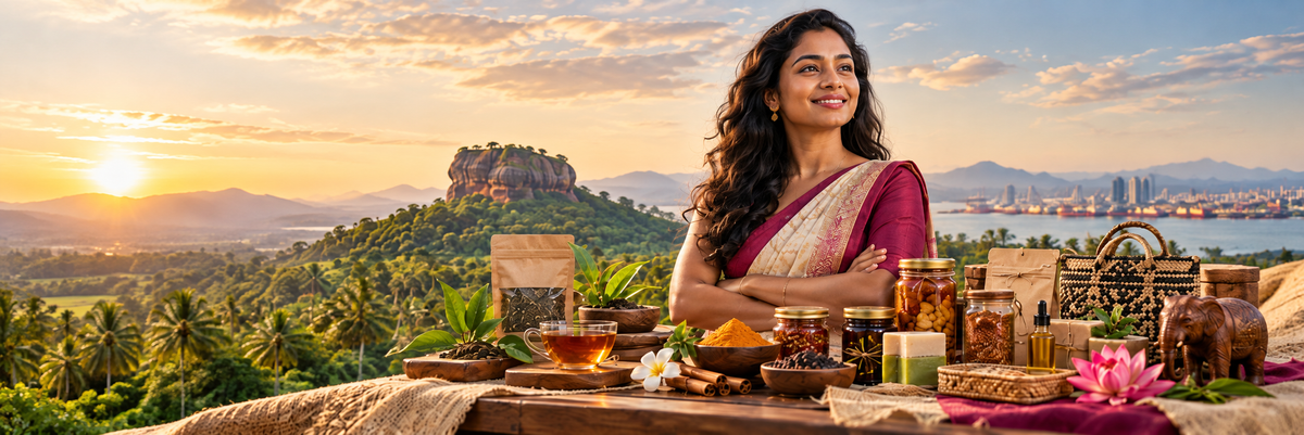 Sri Lankan woman entrepreneur presenting products for global customers through LankanCart.