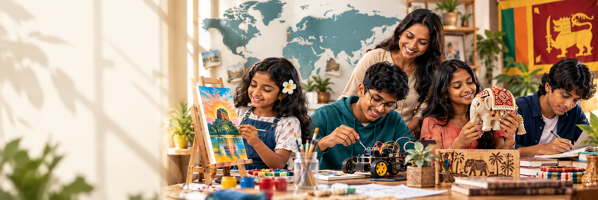Young Sri Lankan creators developing art, crafts and technology projects with guardian support.